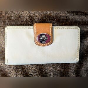 Coach White and Tan Wallet with Silver Clasp